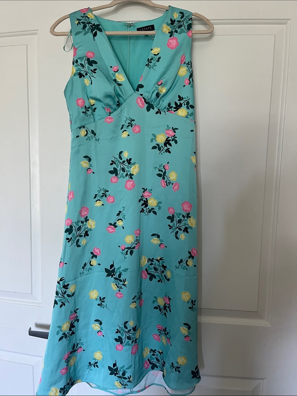 1. State Aqua Floral Midi Dress with Pink and Yellow Flowers